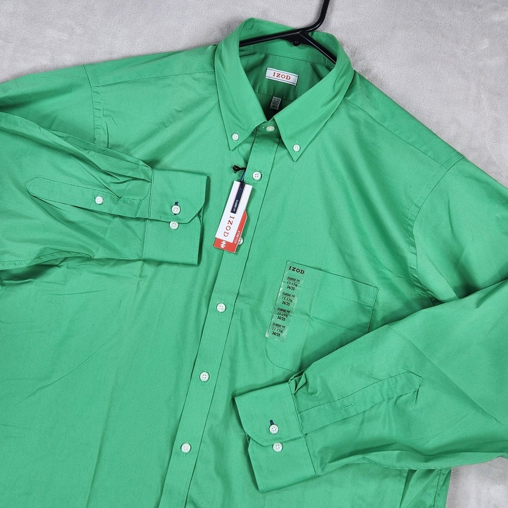 IZOD Shirt Mens 17.5 34/35 Green Classic Stretch Dress Button Down Long Sleeve‎